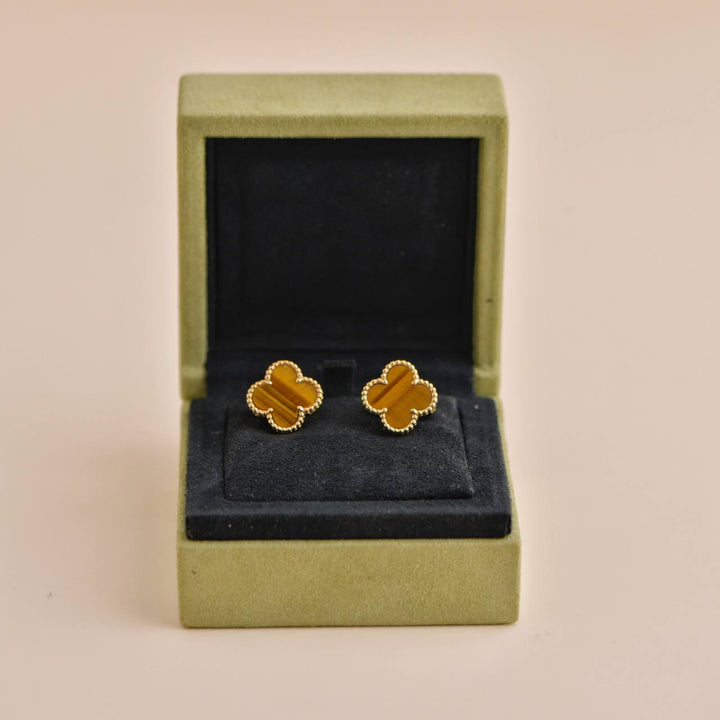 Pre-owned Van Cleef & Arpels Vintage Alhambra Tiger Eye 18K Yellow Gold Earrings