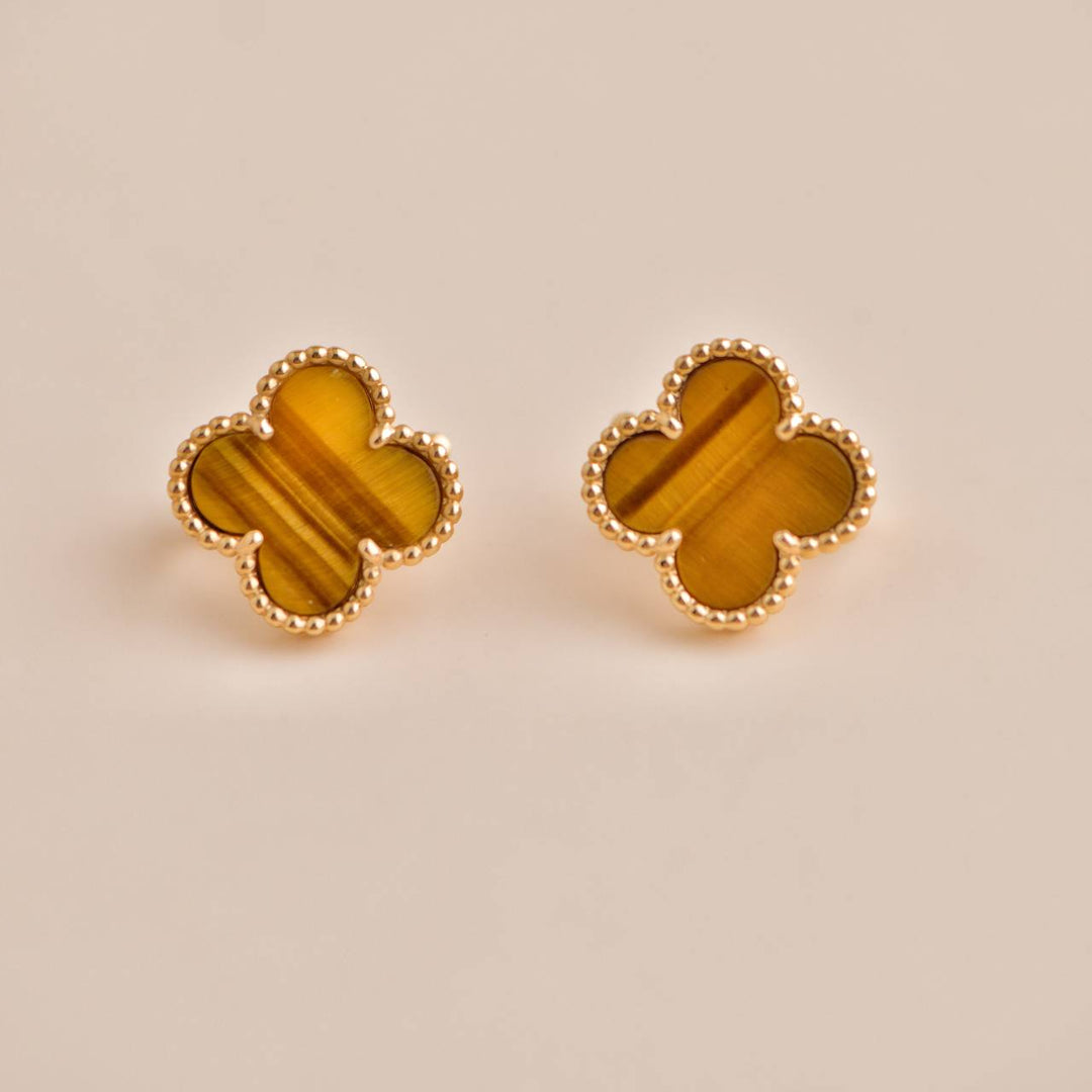 Pre-owned VCA Vintage Alhambra Tiger Eye 18K Yellow Gold Earrings