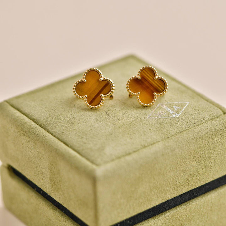 Pre-loved Van Cleef Vintage Alhambra Tiger Eye 18K Yellow Gold Earrings