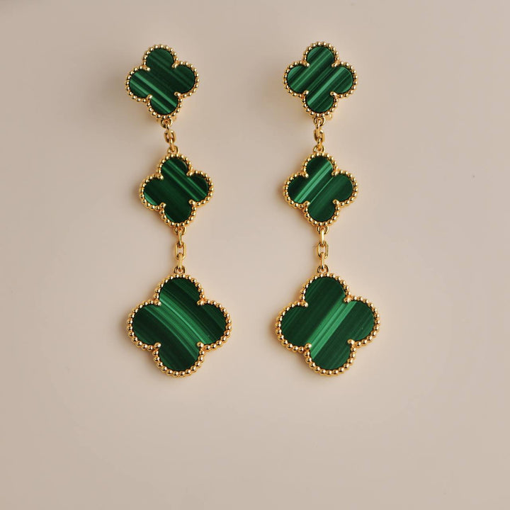 Pre-loved VCA Alhambra Three Motifs Malachite Yellow Gold Earrings