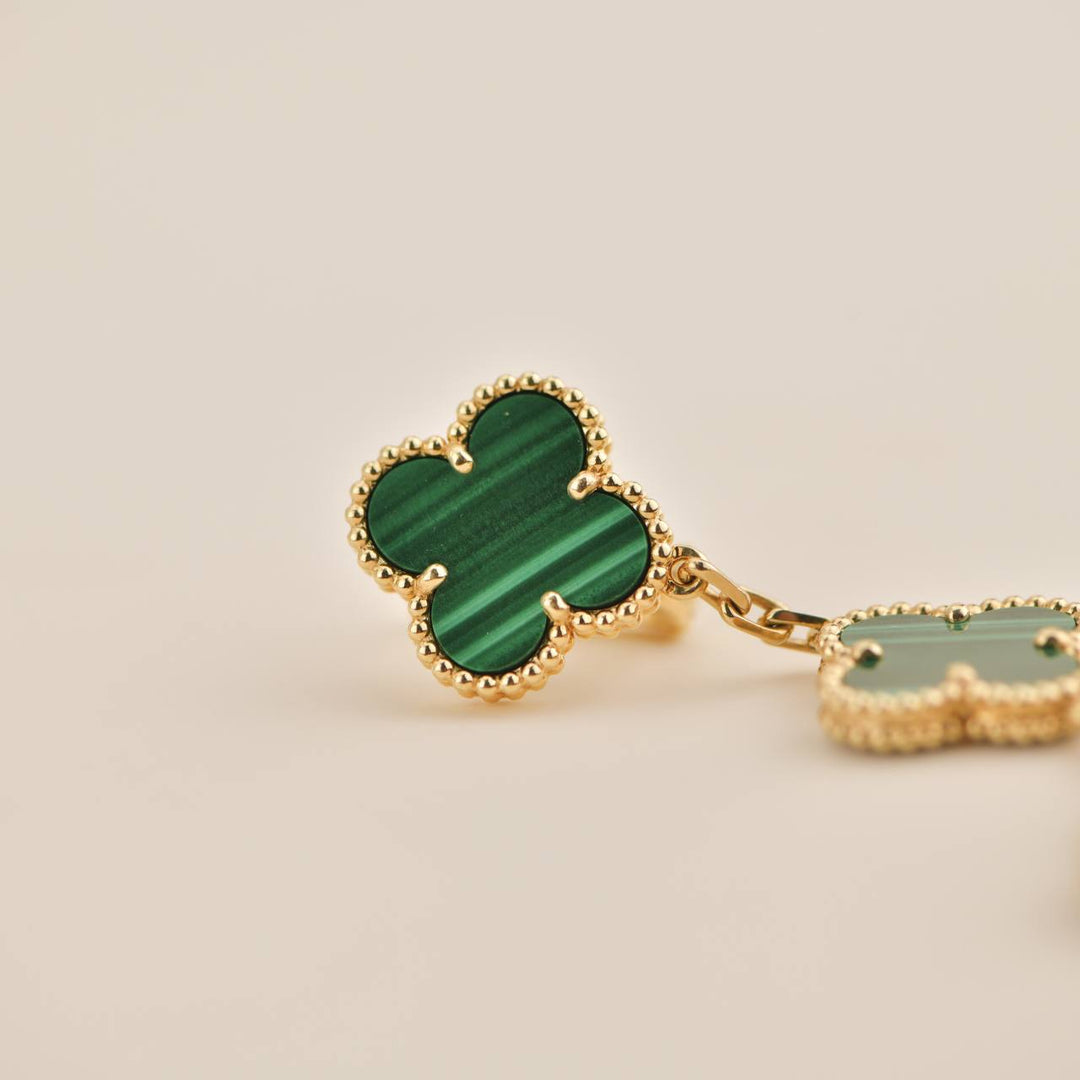 Second Hand Van Cleef & Arpels Magic Alhambra Three Motifs Malachite Yellow Gold Earrings