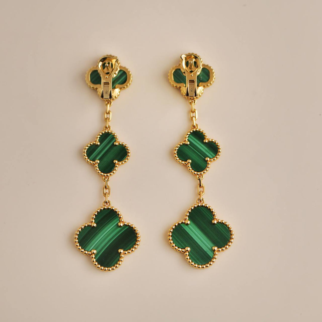 Pre-owned VCA Magic Alhambra Three Motifs Malachite Yellow Gold Earrings