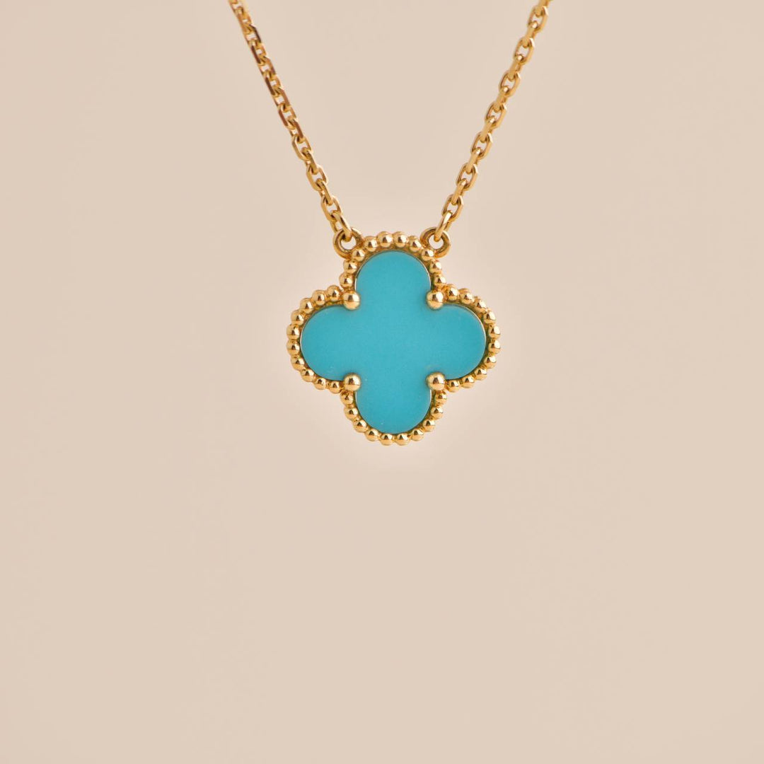 Pre-loved Van Cleef Vintage Alhambra Turquoise Yellow Gold Pendant Necklace