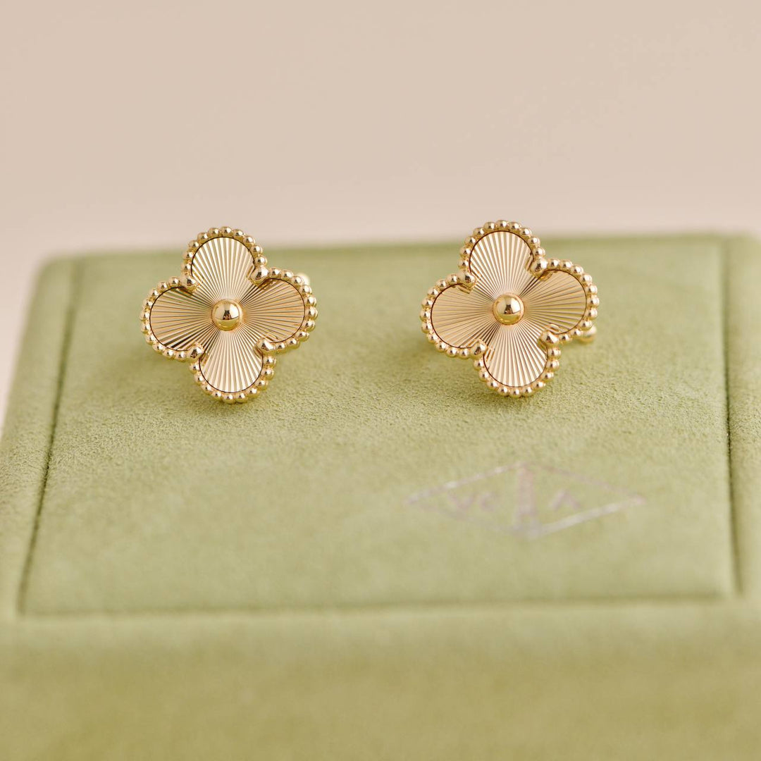 Pre-owned Van Cleef Vintage Alhambra Guilloché 18K Yellow Gold Earrings