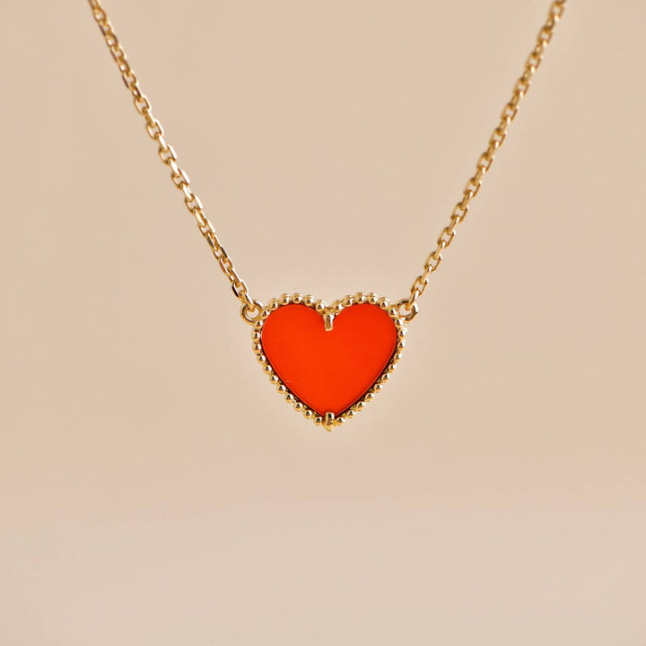 Pre-owned Van Cleef & Arpels Lucky Alhambra Carnelian 18K Yellow Gold Heart Pendant Necklace