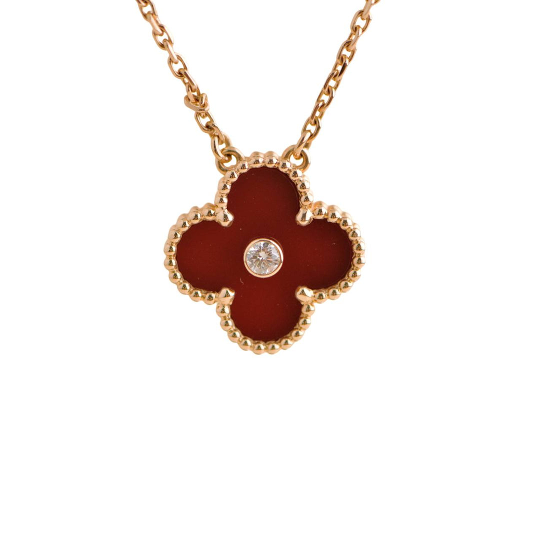 Pre-loved Van Cleef & Arpels Vintage Alhambra Carnelian Diamond Rose Gold 2011 Holiday Pendant Necklace