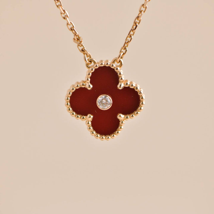 Pre-owned Van Cleef Vintage Alhambra Carnelian Diamond Rose Gold 2011 Holiday Pendant Necklace