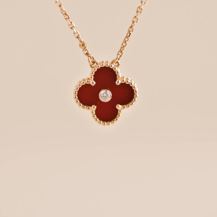 Second Hand Van Cleef Vintage Alhambra Carnelian Diamond Rose Gold 2011 Holiday Pendant Necklace