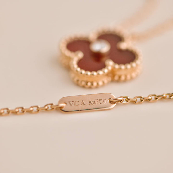 Pre-loved Van Cleef Vintage Alhambra Carnelian Diamond Rose Gold 2011 Holiday Pendant Necklace