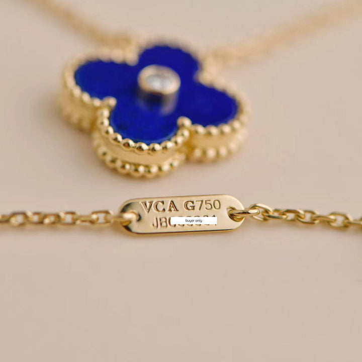 Pre-owned Van Cleef Vintage Alhambra Lapis Lazuli Diamond 18K Yellow Gold 2010 Holiday Pendant Necklace