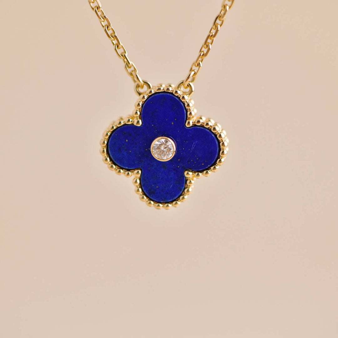 Second Hand Van Cleef & Arpels Vintage Alhambra Lapis Lazuli Diamond 18K Yellow Gold 2010 Holiday Pendant Necklace