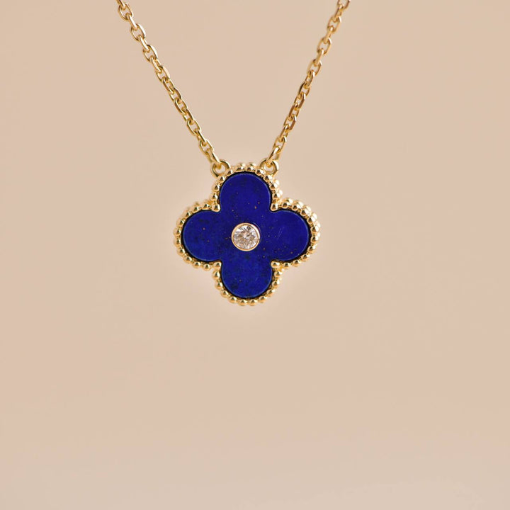 Pre-owned Van Cleef & Arpels Vintage Alhambra Lapis Lazuli Diamond 18K Yellow Gold 2010 Holiday Pendant Necklace