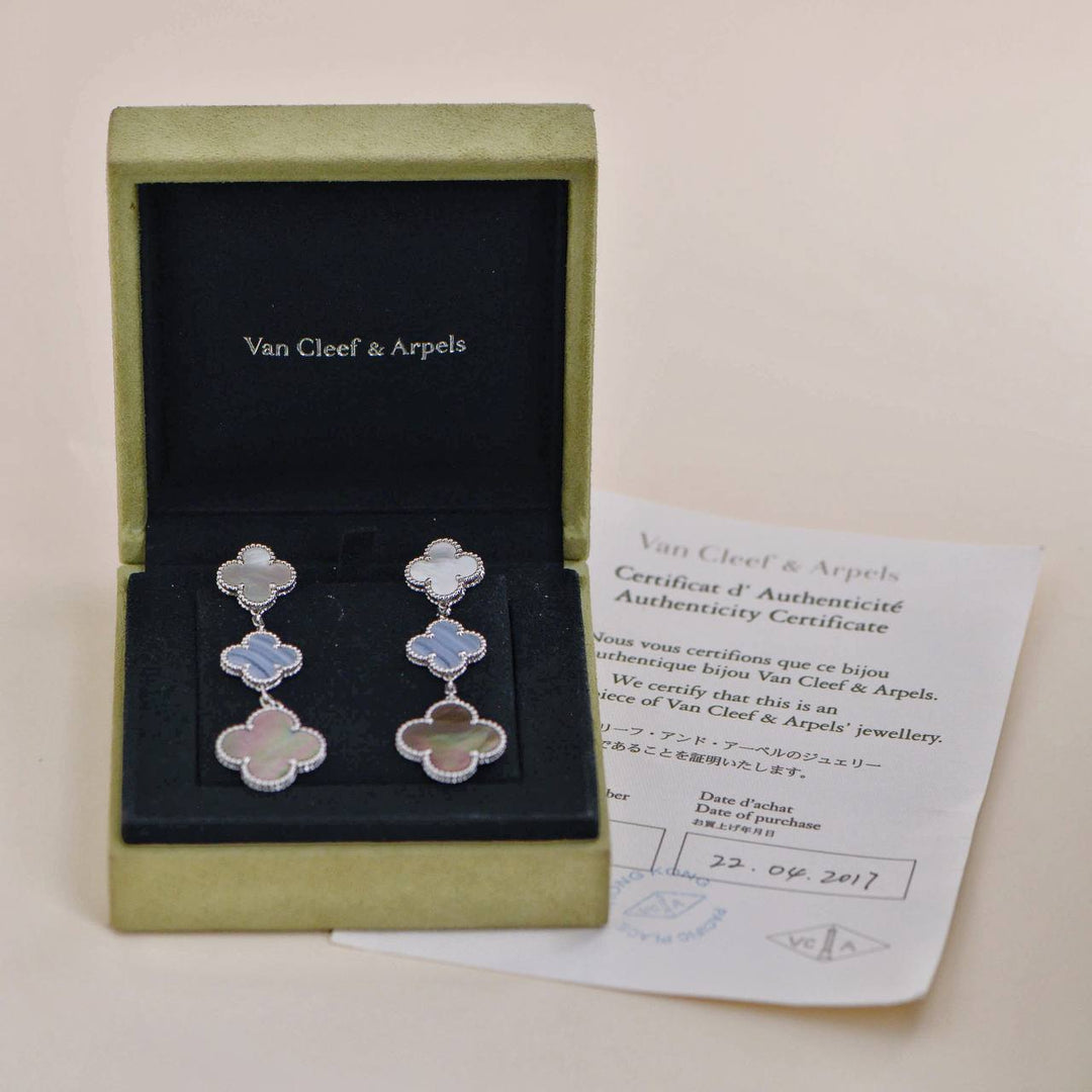 Van Cleef & Arpels Magic Mother of Pearl and Chalcedony 3 Motif Earrings