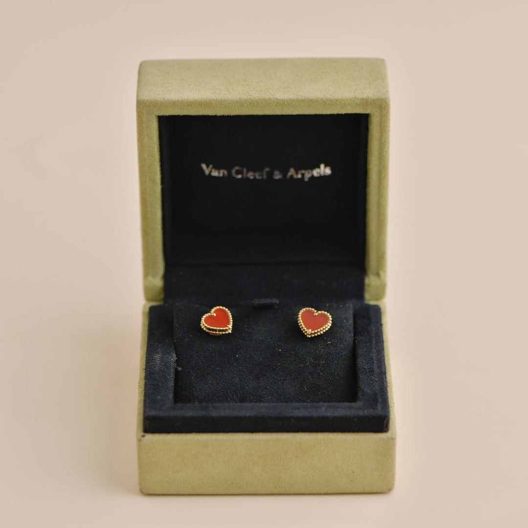 Van Cleef & Arpels Sweet Alhambra Carnelian Heart 18K Rose Gold Earrings