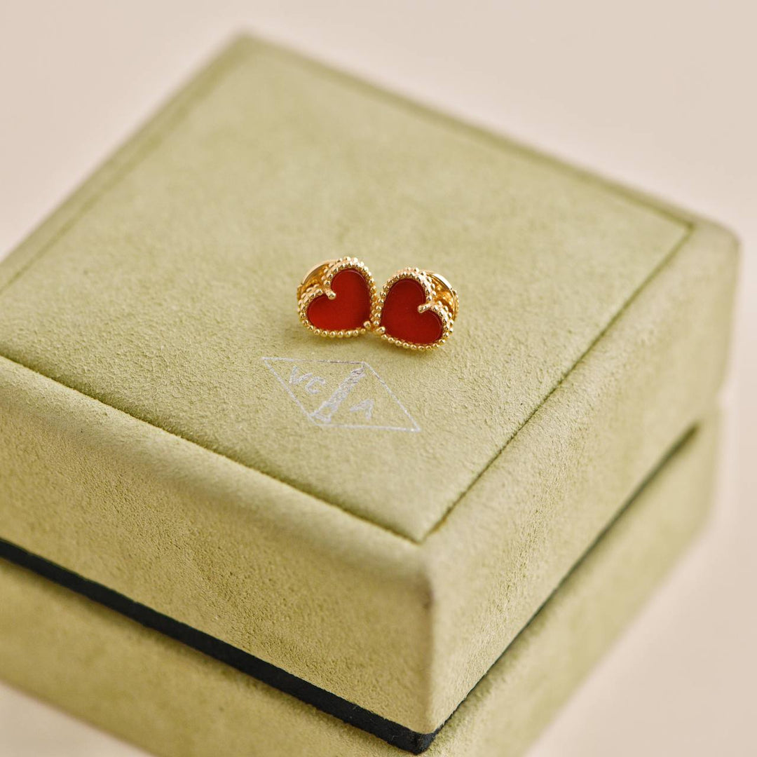 Van Cleef & Arpels Sweet Alhambra Carnelian Heart 18K Rose Gold Earrings