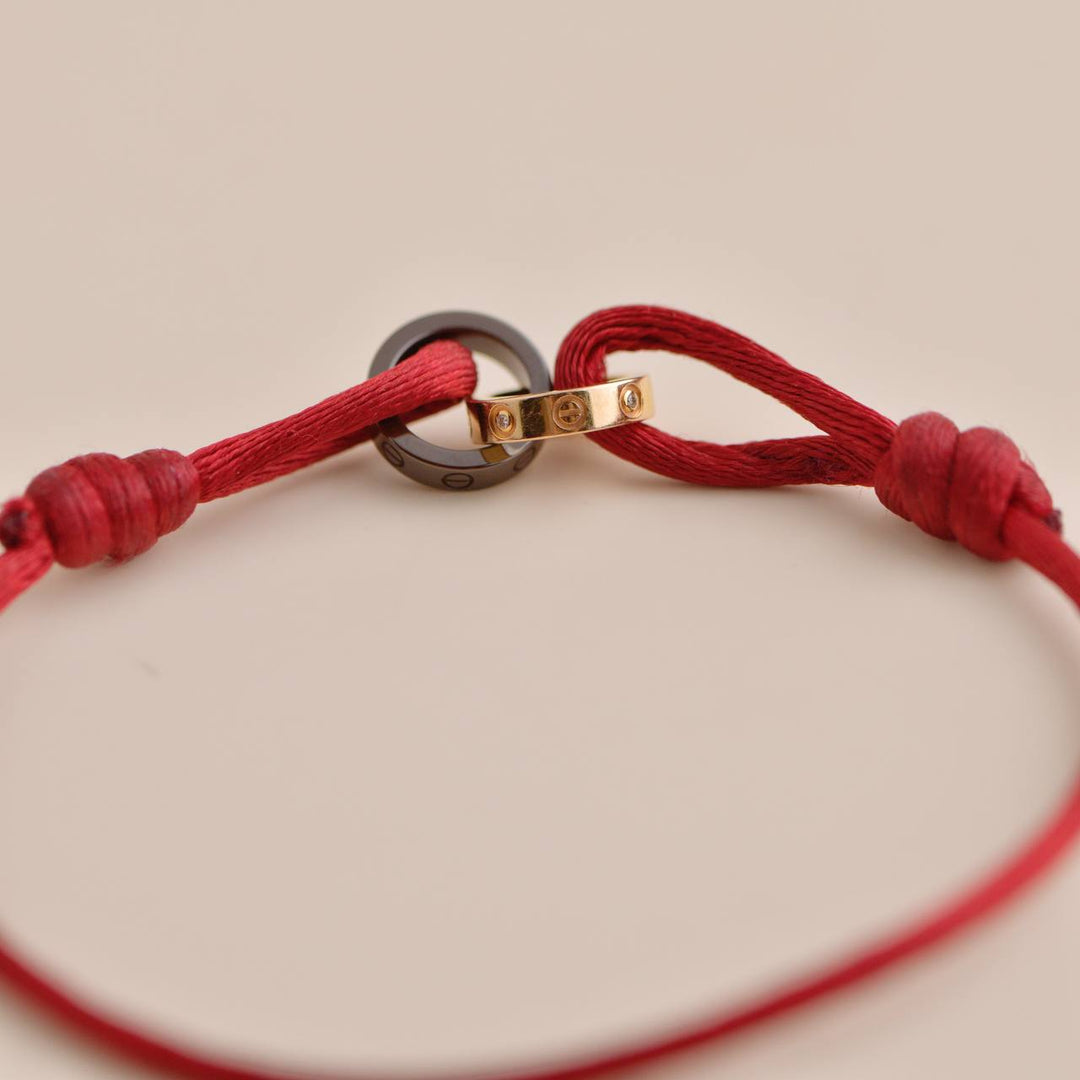 Cartier Love 4 Diamond 18K Rose Gold Sevres Porcelain Red Silk Cord Bracelet