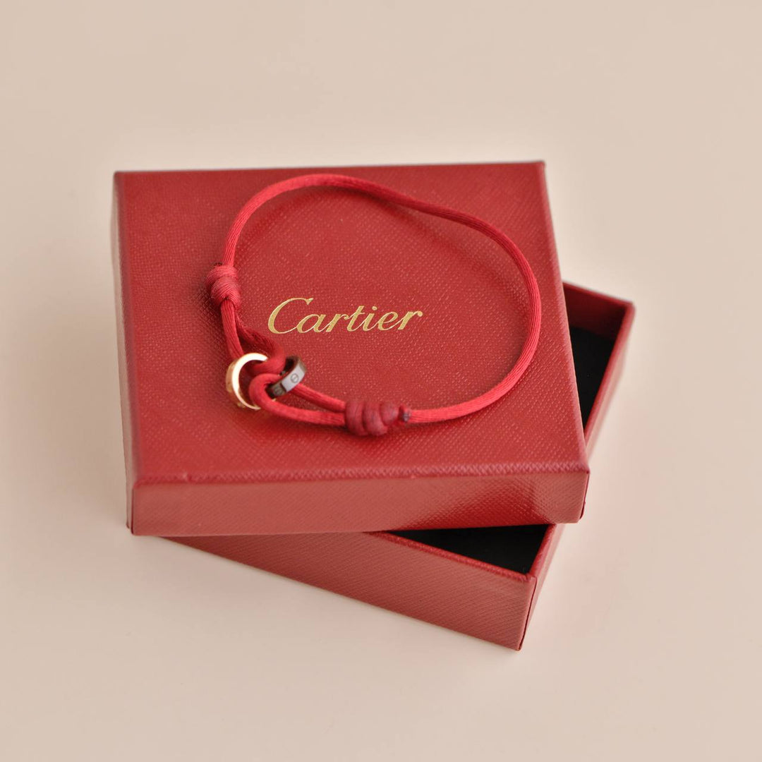 Cartier Love 4 Diamond 18K Rose Gold Sevres Porcelain Red Silk Cord Bracelet