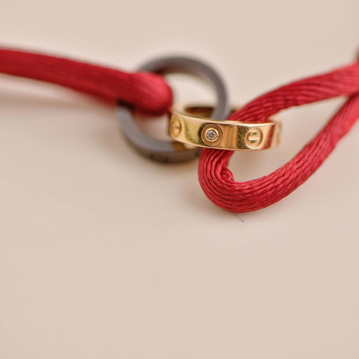 Cartier Love 4 Diamond 18K Rose Gold Sevres Porcelain Red Silk Cord Bracelet