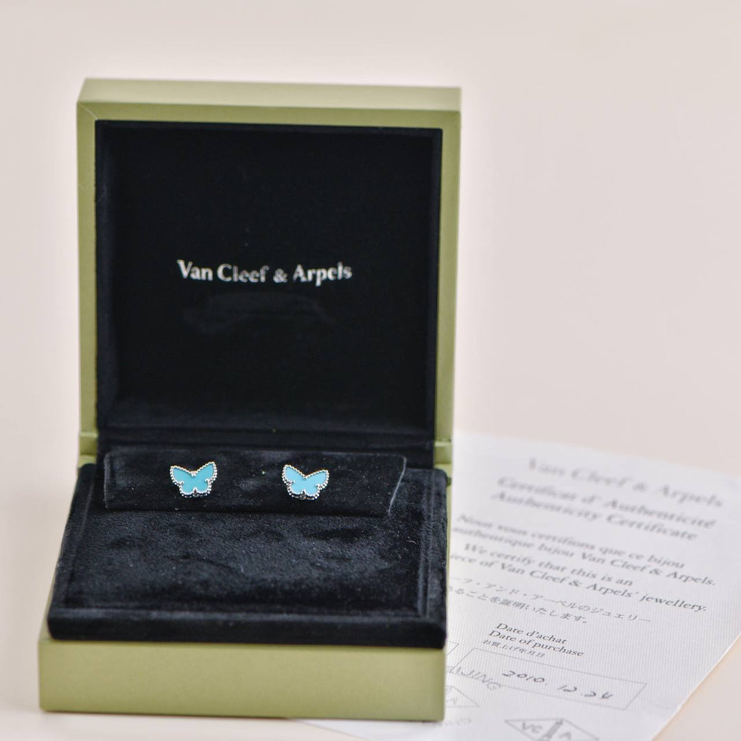 Pre-owned Van Cleef & Arpels Sweet Alhambra Turquoise Butterfly 18K White Gold Earrings