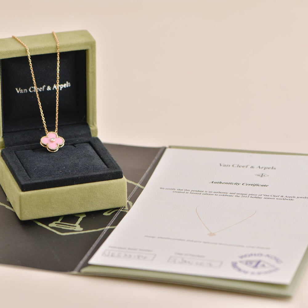 Pre-owned Van Cleef & Arpels Alhambra 2015 Holiday Diamond Pink Sèvres Porcelain Pendant