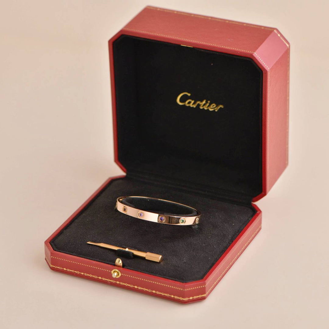 Second Hand Cartier Love Bracelet 10 Multi Gemstone Rose Gold Size 17