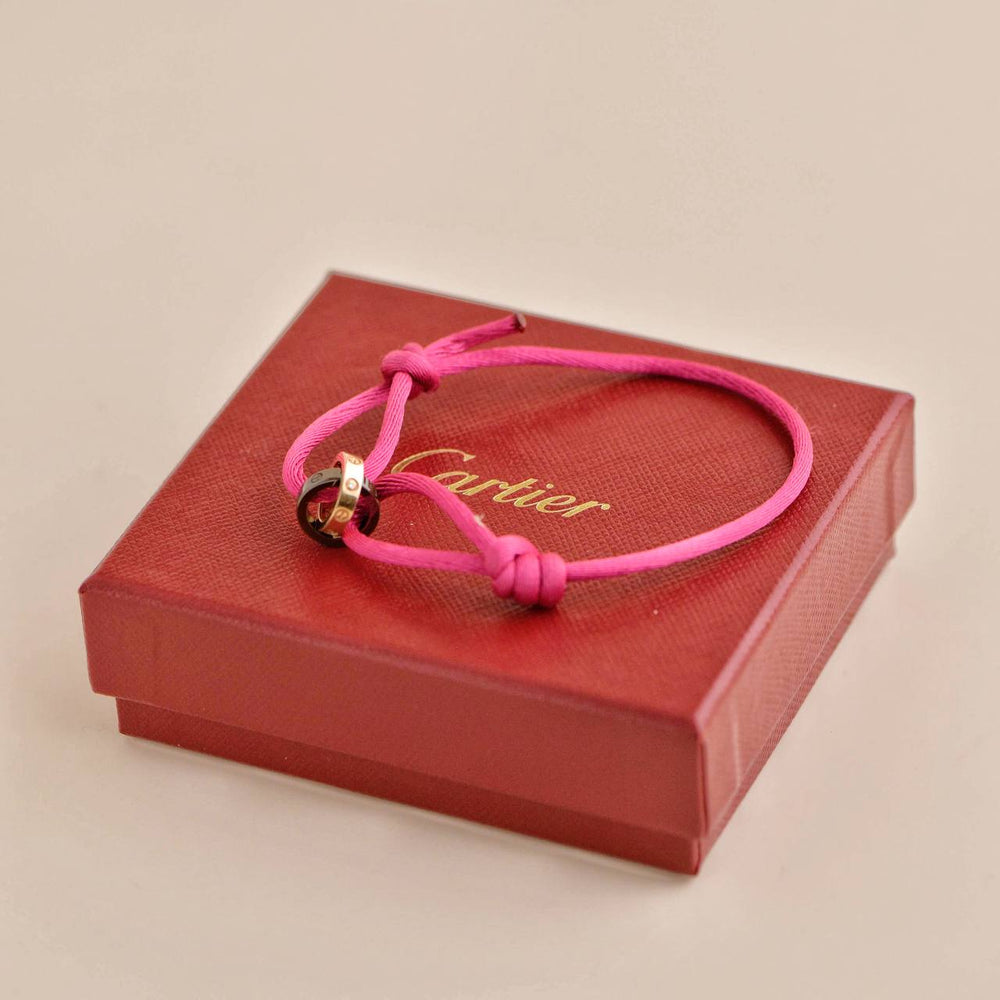 Cartier Love 4 Diamond 18K Rose Gold Sevres Porcelain Pink Silk Cord Bracelet