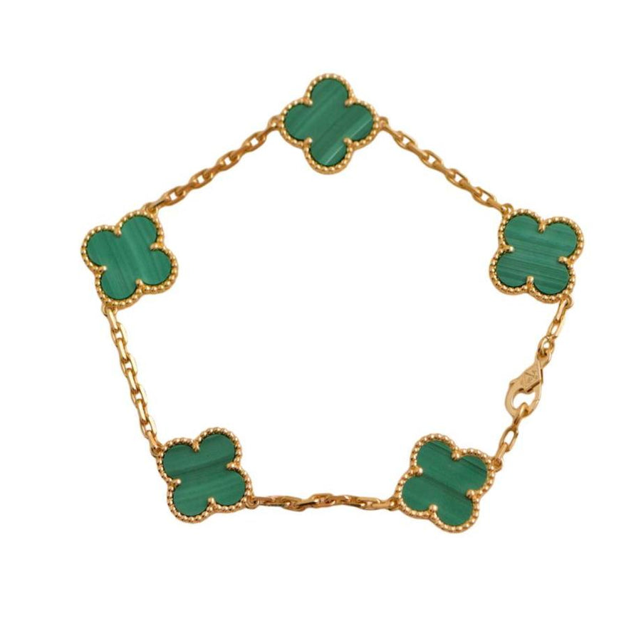 Pre-loved Van Cleef & Arpels Vintage Alhamabra 5 Motif Malachite 18k Yellow Gold Bracelet 