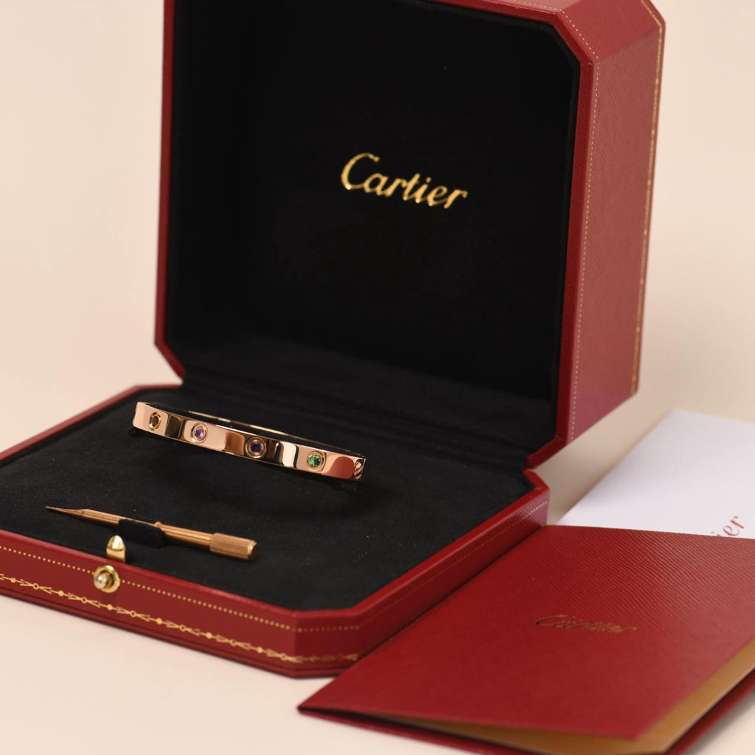 Cartier Love Bracelet 10 Multi Gemstone Rose Gold Size 17