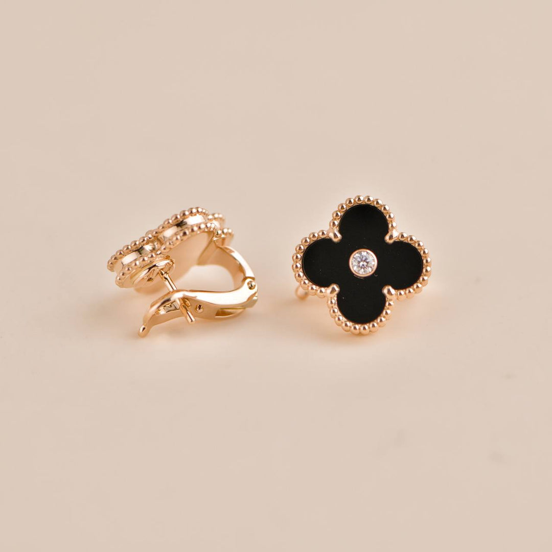 Pre-loved Van Cleef Vintage Alhambra Onyx Diamond Earrings