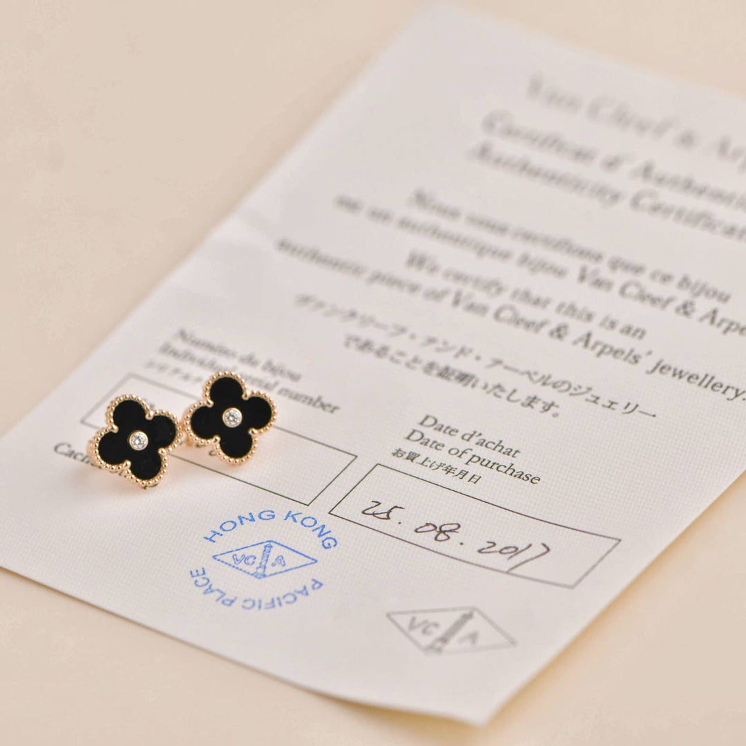 Second Hand Van Cleef & Arpels Vintage Alhambra Onyx Diamond Earrings