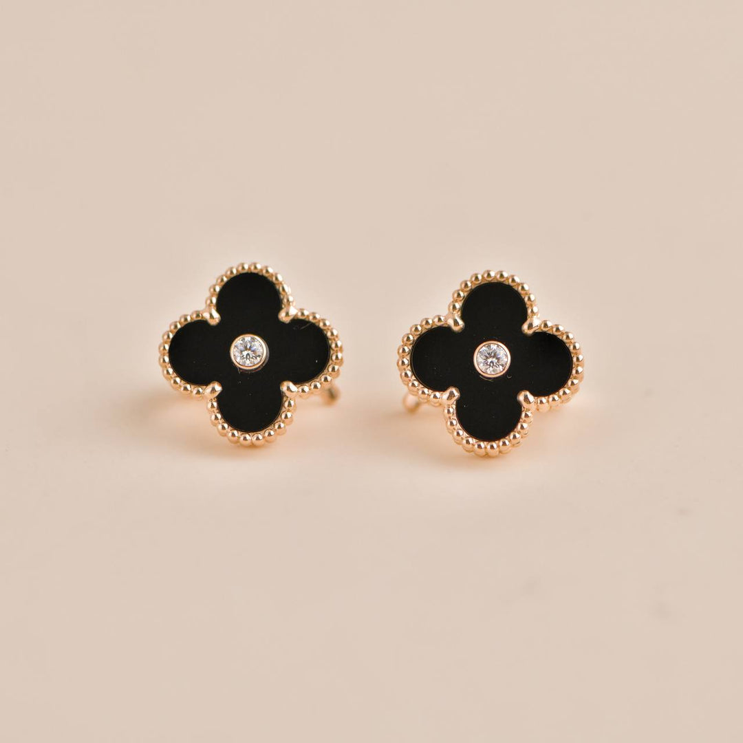 Pre-owned Van Cleef Vintage Alhambra Onyx Diamond Earrings