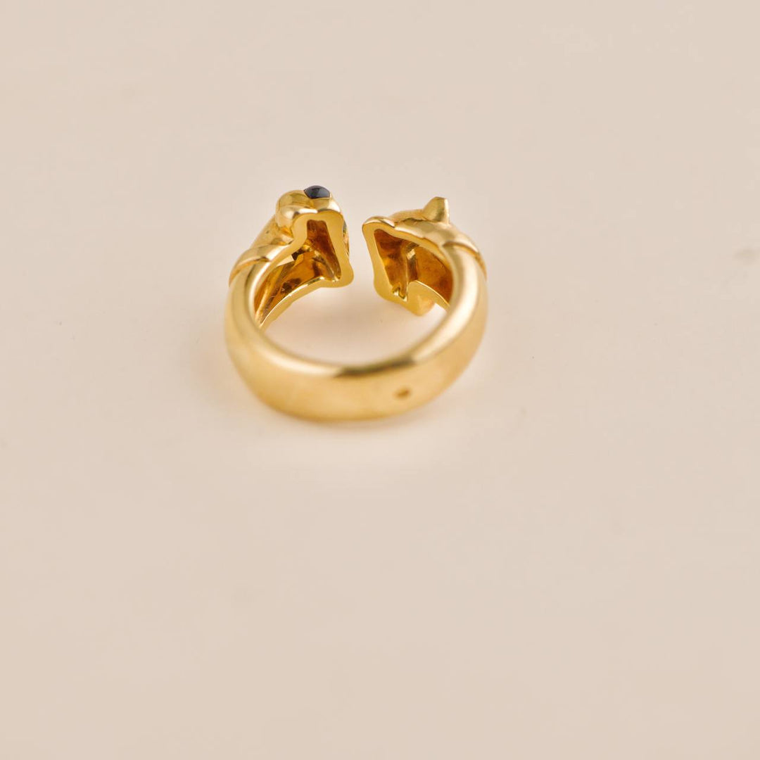 Second Hand Cartier Panthère Vintage Double Leopard Head Yellow Gold Ring Size 52 