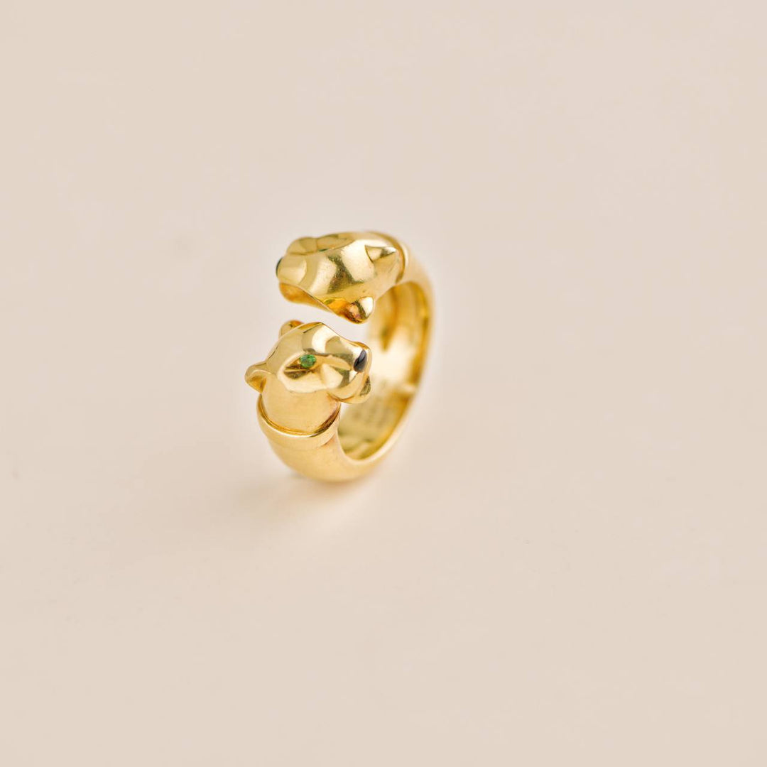 Pre-owned Cartier Panthère Vintage Double Leopard Head Yellow Gold Ring Size 52 