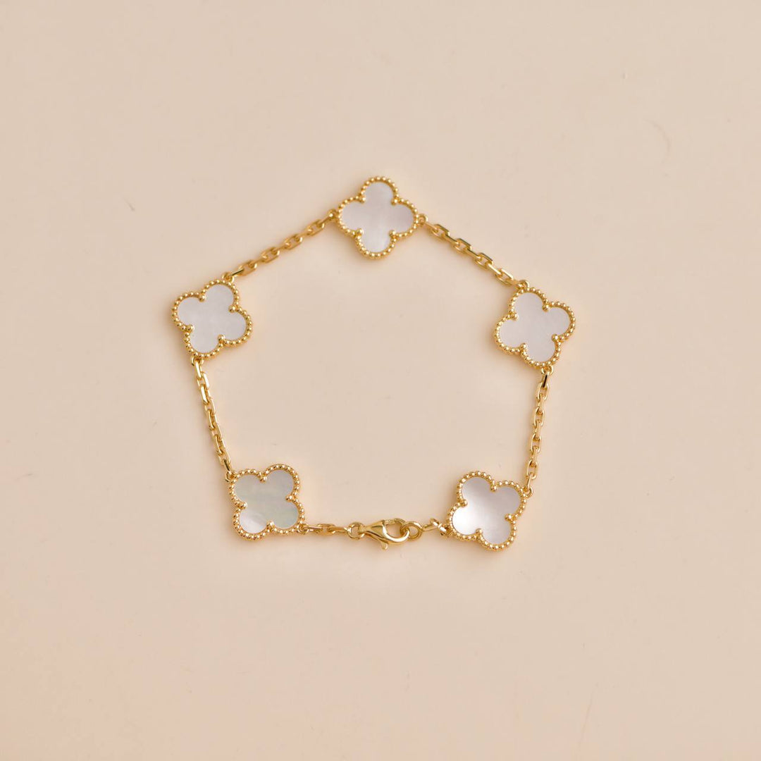 Second Hand Van Cleef & Arpels Vintage Alhambra 5 Motif Mother of Pearl 18K Yellow Gold Bracelet