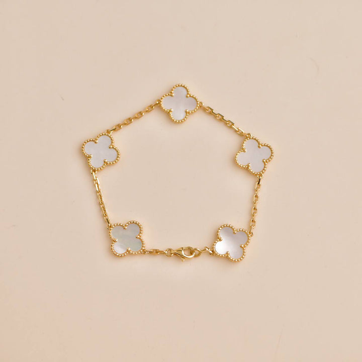 Second Hand Van Cleef & Arpels Vintage Alhambra 5 Motif Mother of Pearl 18K Yellow Gold Bracelet