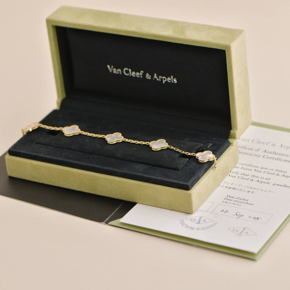 Pre-owned Van Cleef & Arpels Vintage Alhambra 5 Motif Mother of Pearl 18K Yellow Gold Bracelet