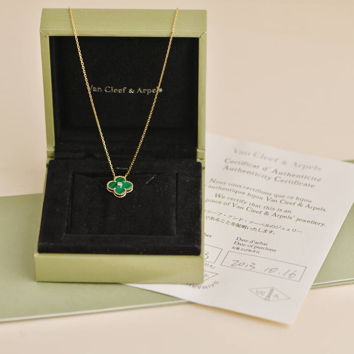 Preowned Van Cleef & Arpels 2013 Malachite Diamond 18k Yellow Gold Holiday Pendant