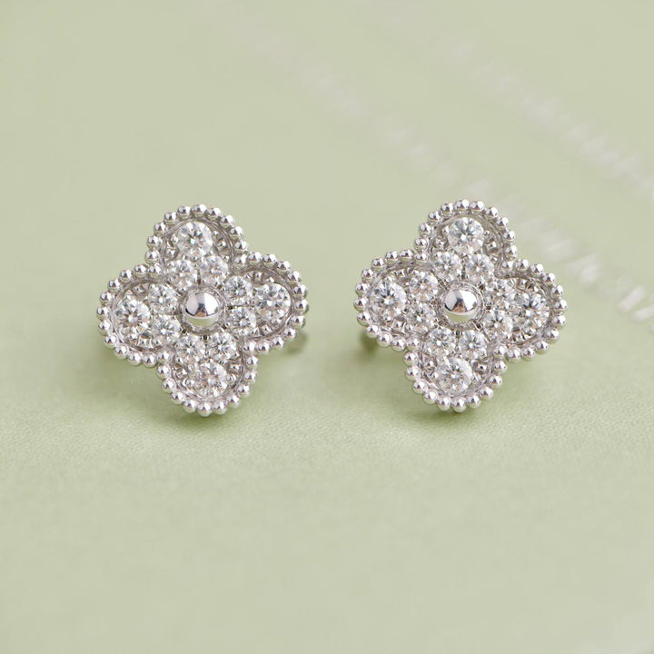 Preowned Van Cleef Vintage Alhambra Diamond 18k White Gold Earrings