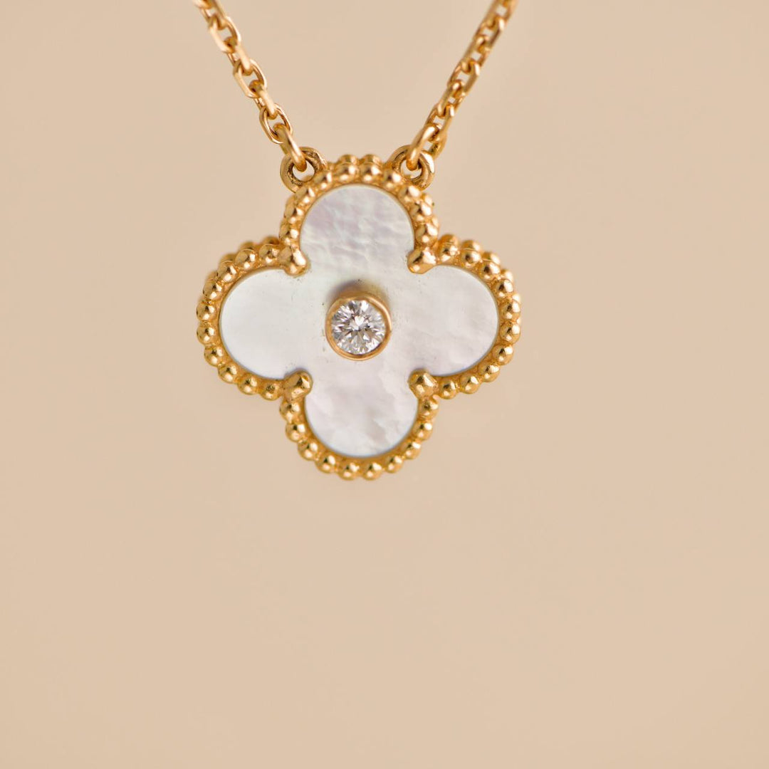 Second Hand Van Cleef & Arpels Vintage Alhambra Mother of Pearl Diamond Rose Gold 2012 Holiday Pendant