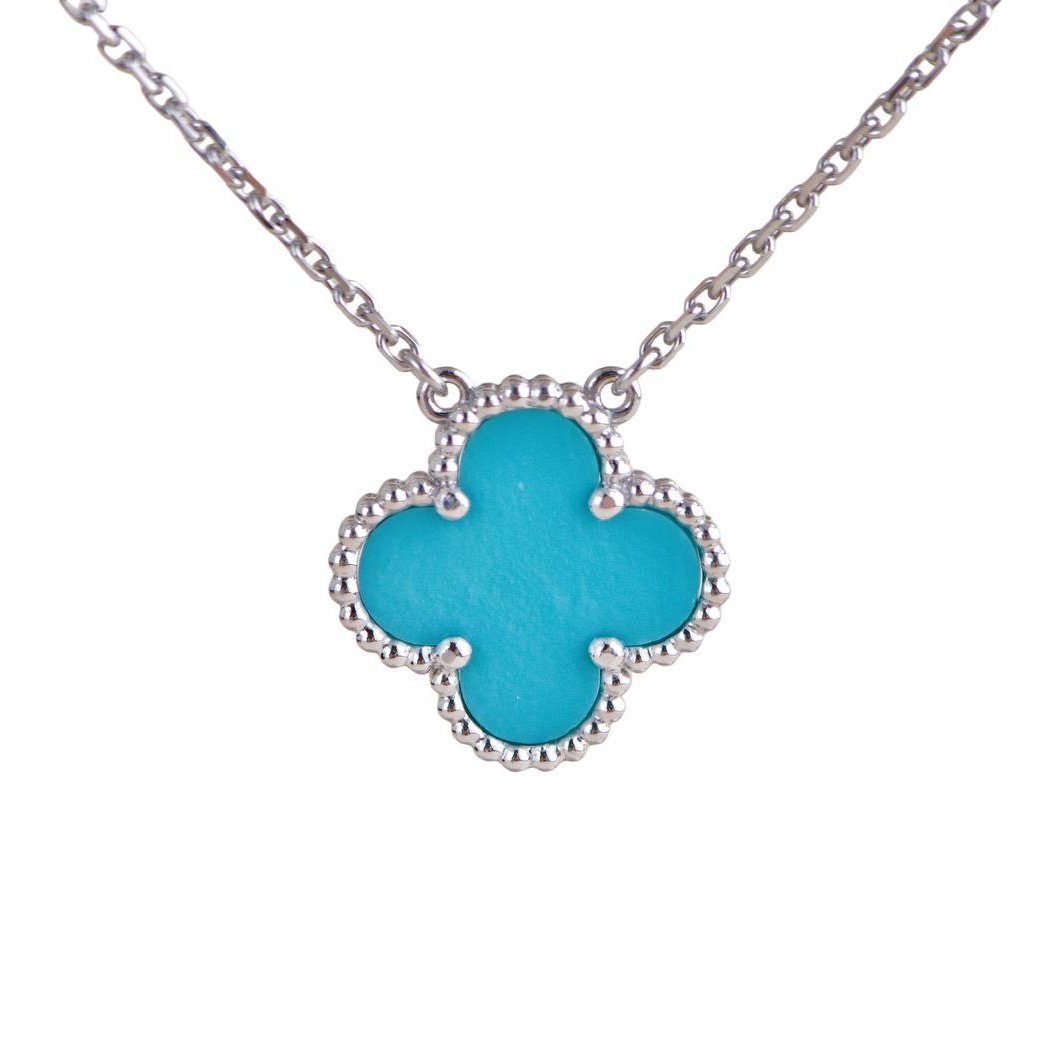 Preloved Van Cleef & Arpels Vintage Alhambra Turquoise 18K White Gold Pendant Necklace