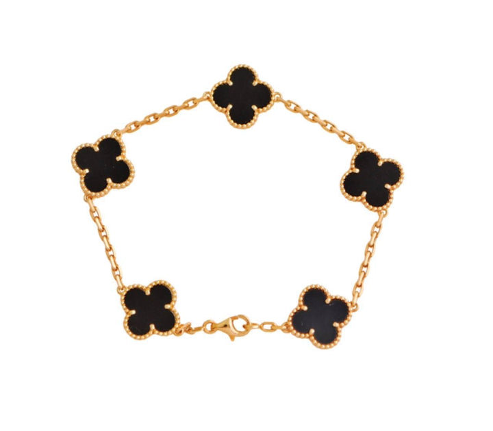 Van Cleef & Arpels Vintage Alhambra 5 Motif Onyx 18K Yellow Gold Bracelet