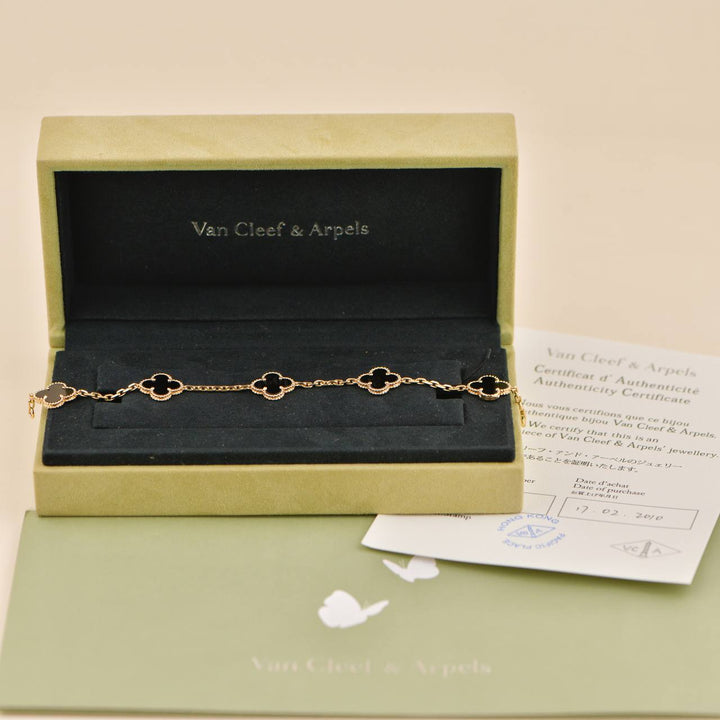 Van Cleef & Arpels Vintage Alhambra 5 Motif Onyx 18K Yellow Gold Bracelet