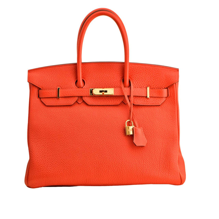 Preowned Hermes 9F Flame Orange Birkin35 Gold Hardware Togo Handbag