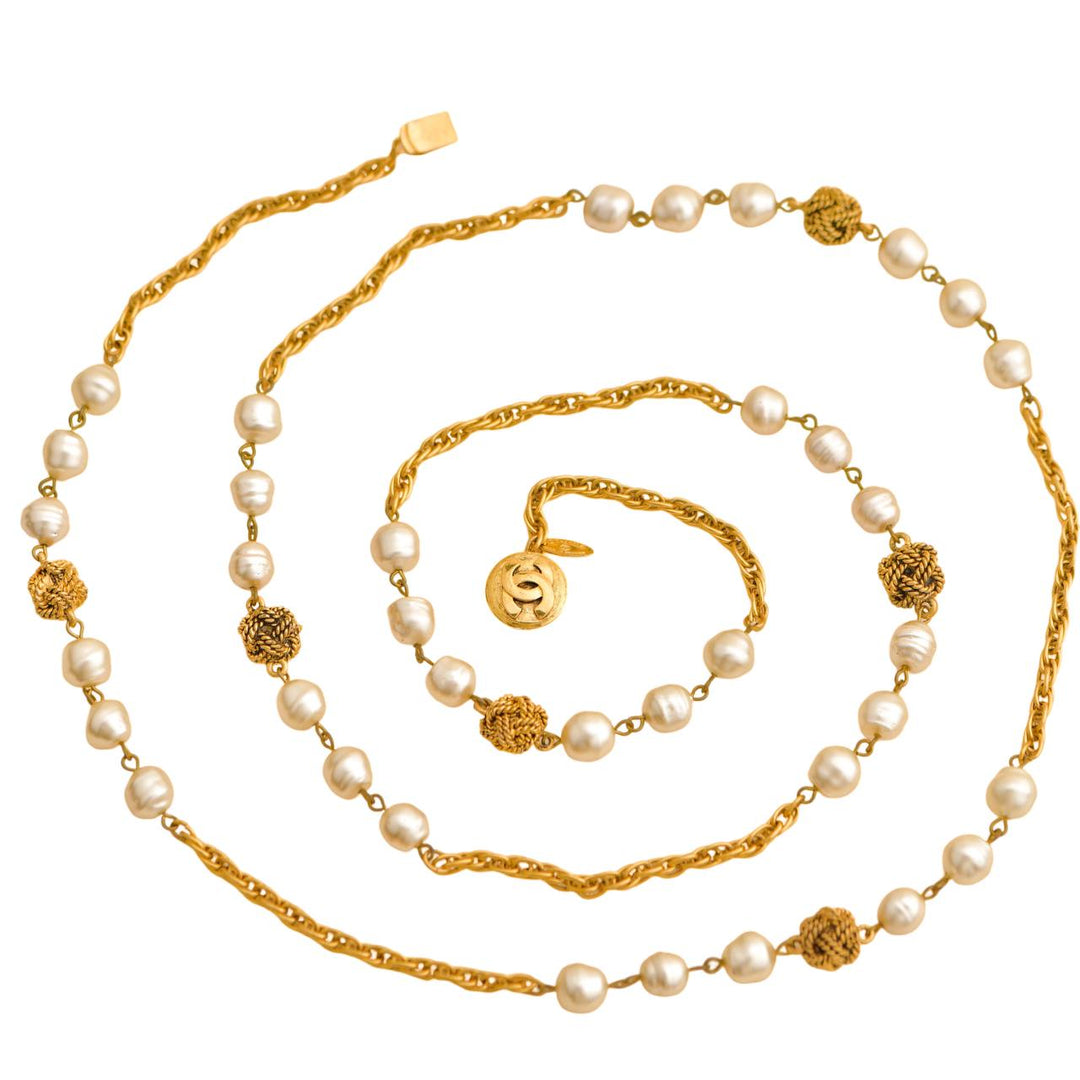 Chanel CC Crystal Faux Pearl Gold Tone Rope Bead Long Necklace