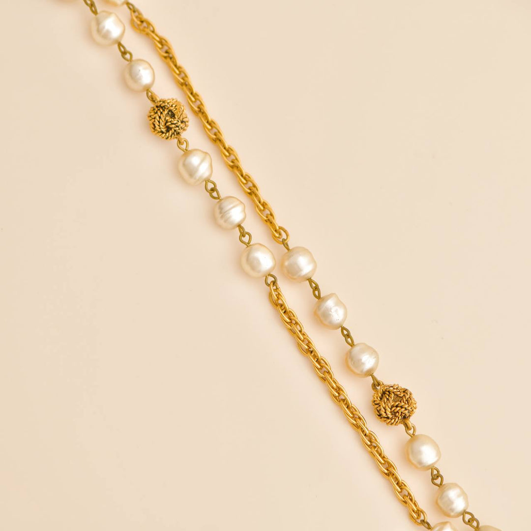 Chanel CC Crystal Faux Pearl Gold Tone Rope Bead Long Necklace