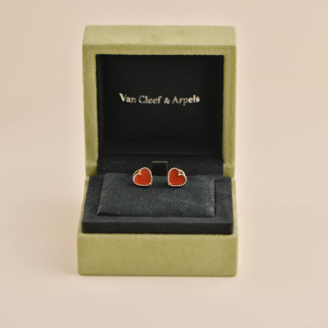 Preowned Van Cleef & Arpels Sweet Alhambra Carnelian Heart 18K Rose Gold Earrings