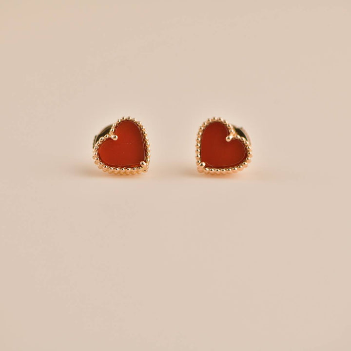 Preowned Van Cleef Sweet Alhambra Carnelian Heart 18K Rose Gold Earrings