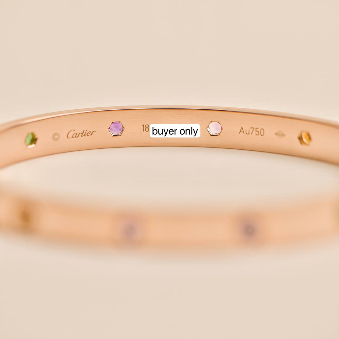 Second Hand Cartier Love Rainbow Multi Gem 18k Rose Gold Bracelet Size 18