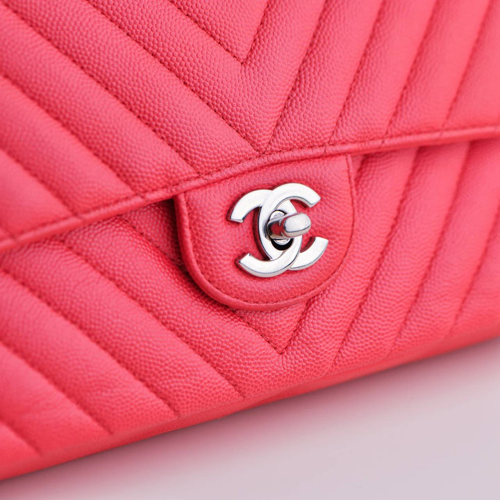 Chanel Red Chevron Caviar Medium Classic Double Flap Bag