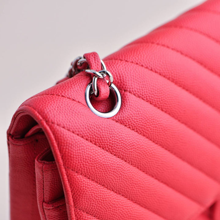 Chanel Red Chevron Caviar Medium Classic Double Flap Bag